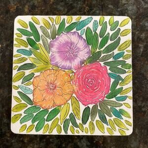 Hand painted watercolor original painting wooden coaster flowers leaves